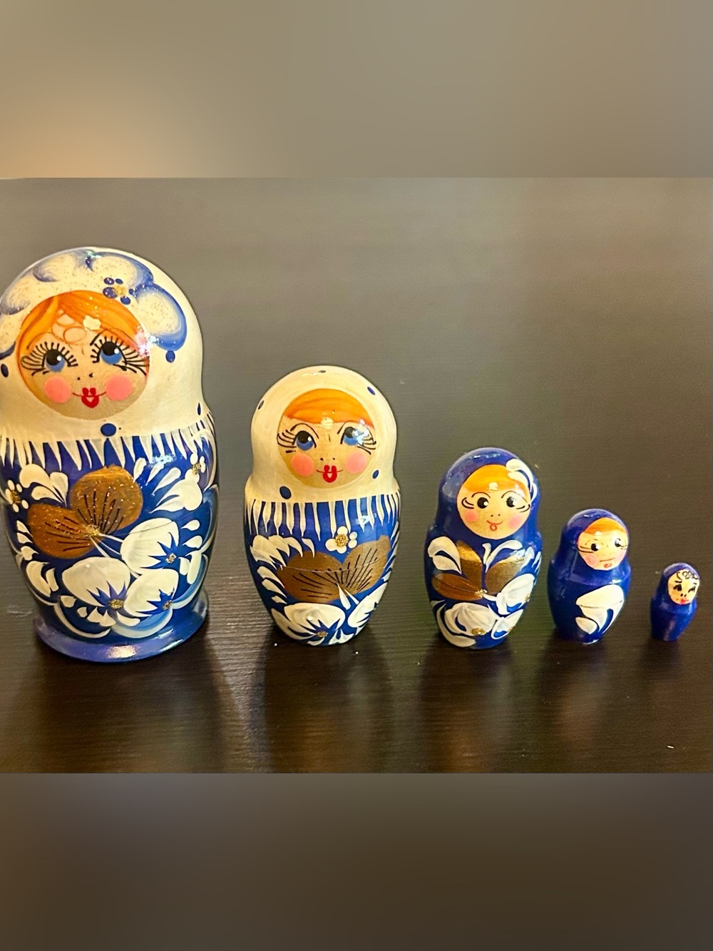 Hand-Painted Blue & White Russian Nesting Dolls with Gold Accents 5 Piece Set